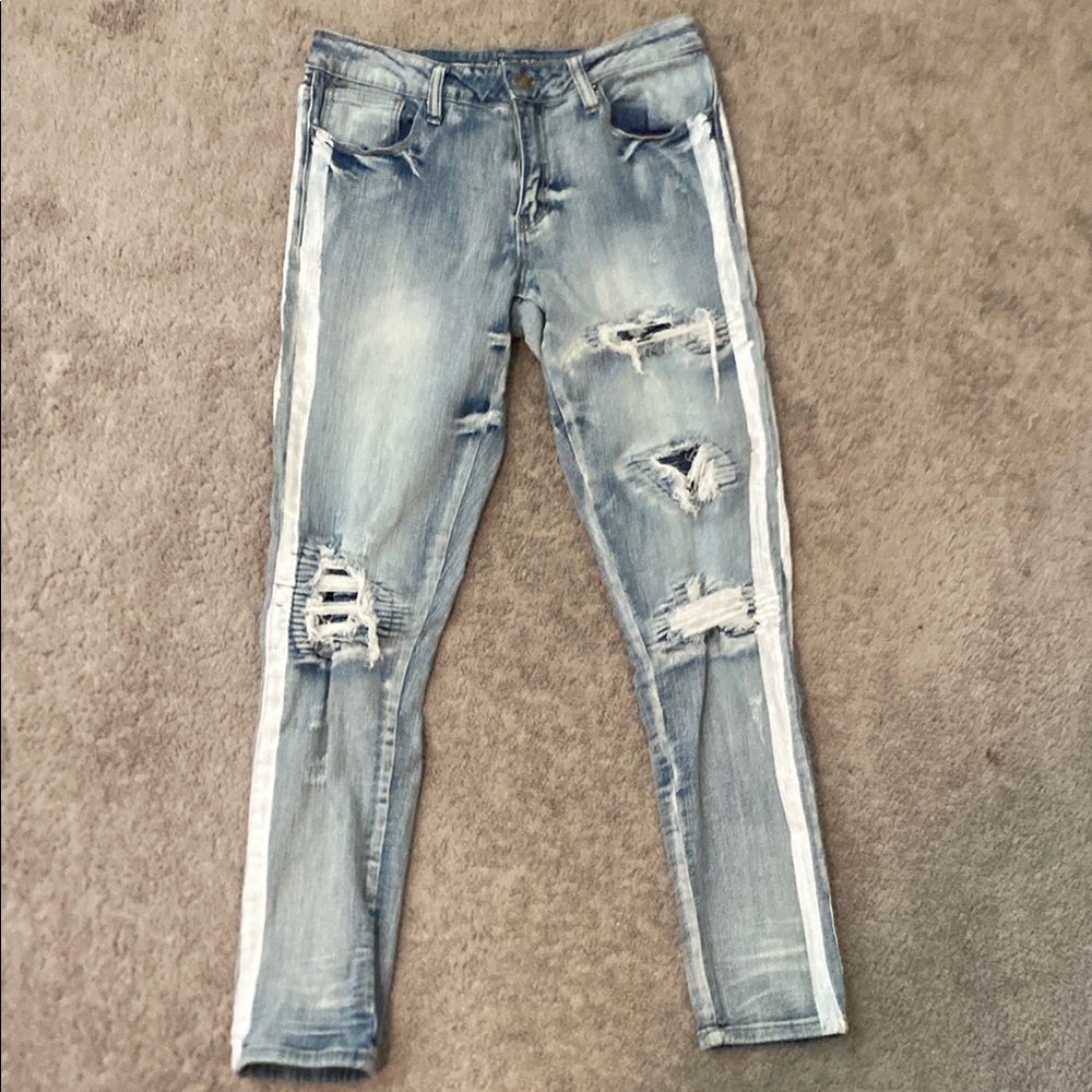 Skinny Blue Distressed Denim Jeans with double track stripe.